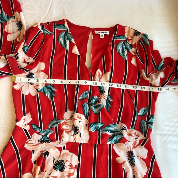 Express Women’s Size M Orange Floral Long Sleeves Knee Dress Deep V-Neck Flare - Picture 7 of 16